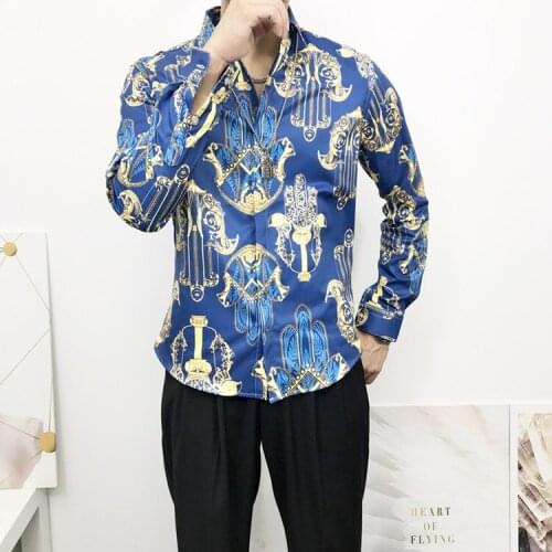 Fashion Designer Baroque Pattern Shirt Men Blue 3D Printed Shirt Hip Hop Dance Long Sleeve Spring Summer Party Banquet Shirt