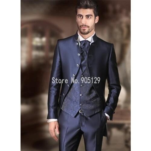 Latest Design Six Buttons Navy Blue Groom Tuxedos Stand Collar Groomsmen Mens Wedding Prom Suits (Jacket+Pants+Vest+Tie) NO:199