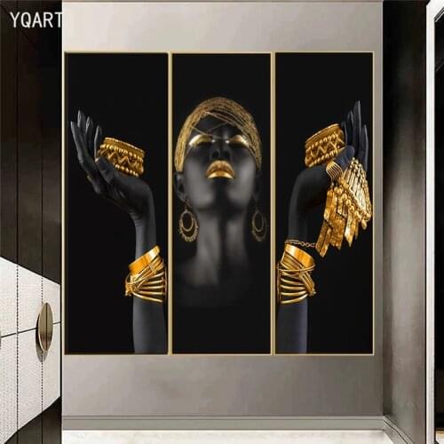 African Woman with Gold and Silver Jewelry on Hands Modern Wall Art Posters and Prints Woman Canvas Painting Pictures Home Decor