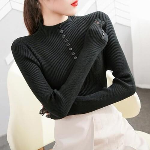 Sweater Femme Striped Half High Collar Women Sweater Button Knitted Long Sleeve Woman Slim 2021 Autumn Pullover Korean Clothes