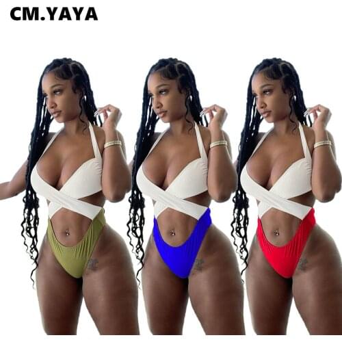 CM.YAYA Women Bikinis Set Spaghetti Strap Halter Low Waist Elastic One Piece Set Sexy Beachwear Fashion Swimsuits Summer 2021