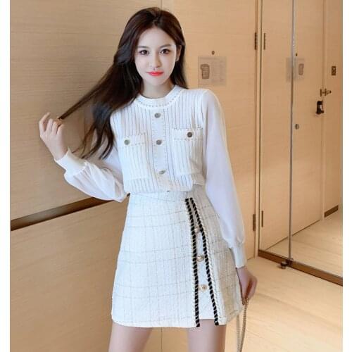 Elegant Chic Knitted Splicing Long Sleeve Shirt Top+Autumn Fashion Tweed Lattice A-Line Mini Skirt 2 Piece Set Ladies Skirt Suit