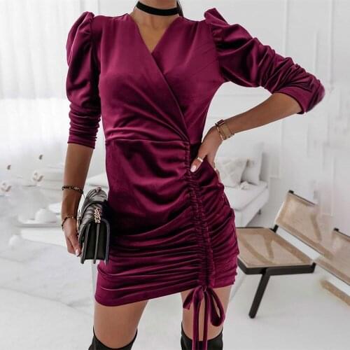 Women Fashion Puff Sleeve Velvet Party Dress Sexy V-Neck Drawstring Slim Mini Dresses 2021 Autumn Winter Elegant Woman Dress