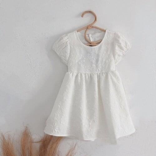 2021 New Summer Girls Korean Clothes Temperament Solid Color Dress Open Back Bow Tie Tie Round Neck Bubble Sleeve Dress