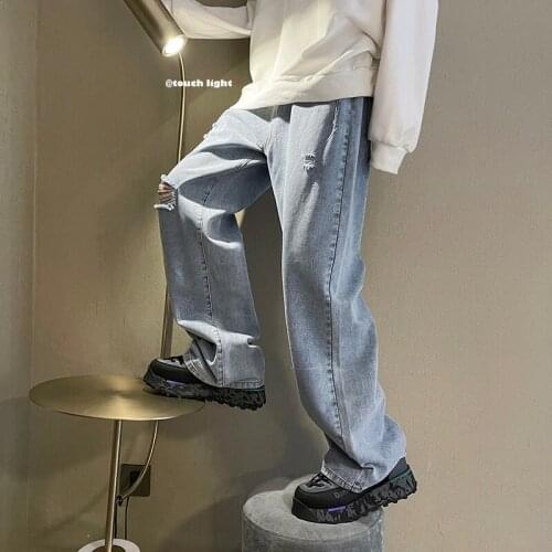 2021 Mens Blue Color Wide Leg Pants Fashion Holes Homme Wash Jeans Long Straight Pants Hip Hop Streetwear Trousers M-2XL