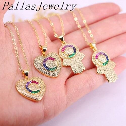 8Pcs Womens Fashion Jewelry Pave CZ Rainbow Cubic Zirconia Heart/Hamsa Hand Pendant Necklaces