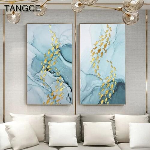 Abstract Golden Fish Canvas Painting Sky Blue Posters and Prints Big Wall Picture for Living Room Aisle Nordic Wall Art Tableaux