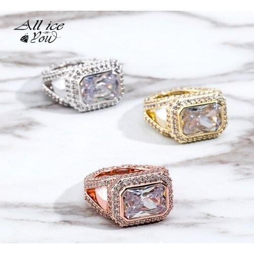 ALLICEONYOU Iced Out Micro Pave Cubic Zirconia Square Ring Gold-plated Copper Hip Hop High Quality Fashion Jewelry For Gift