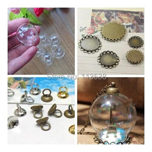 Free ship!20set/lot 25*15mm Glass Bubble vial with lace base with top cap with 70cm necklace set DIY vial pendant glass bubble