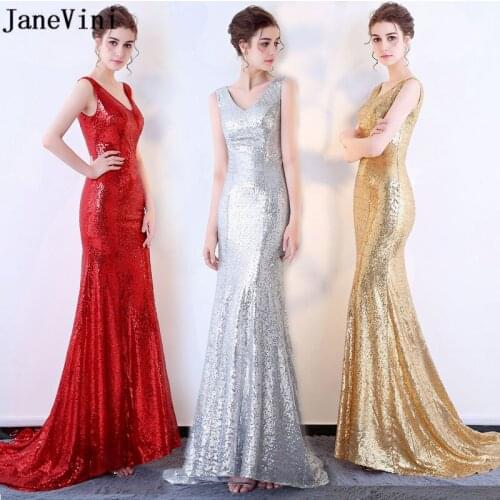 JaneVini 2018 Shiny Sequins Gold Bridesmaid Dresses Long Mermaid V-Neck Wedding Party Dress Sleeveless Girls Prom Formal Gowns