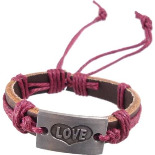 New love heart letters symbol alloy charm handmade hemp rope genuine leather wrap belt Bracelets bangle jewelry women men