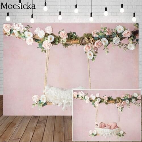 Wooden Swing Newborn Baby Kids Photography Backdrops For Photo Studio Floral Pink Wall Photo Props Studio Booth Background