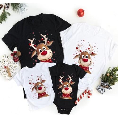 Deer Print Merry Christmas Family Matching T-shirt Lovely Mom Dad Kids Me Baby Outfit Mother Daughter Son Girl Boys Clothes Tops