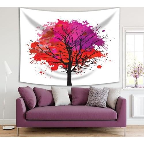 Tapestry Colorful Tree with Paint Stains Branches Leaves in Fuchsia Red Black Colors Silhouette Artistic Decor