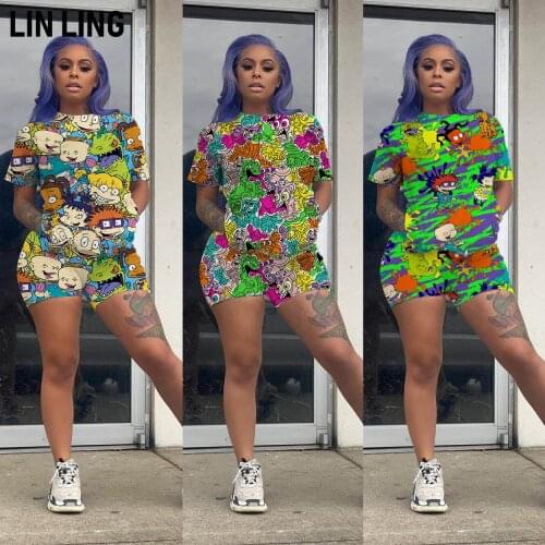 Women 2021 Cartoon Print Two Pieces Sets Tracksuits Tee Tops Shorts Jogger Suit Sporty Fitness Night Club 2 Pcs Outfit