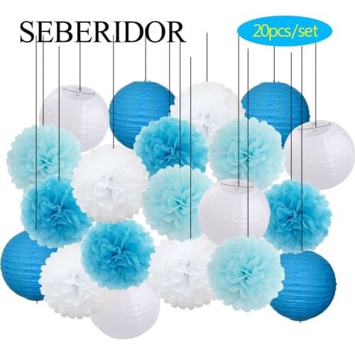 Wedding Party Favor 6" 8" 10" 12" Round Paper Lantern Baby Boy Girl Baptism DIY Decoration Hanging Tissue Pompoms Pink Blue
