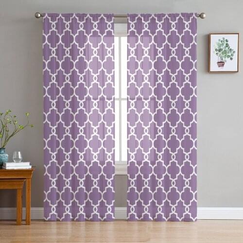 Moroccan Geometry Purple Sheer Curtains for Living Room Bedroom Kitchen Tulle for Windows Voile Yarn Curtains for Bedroom