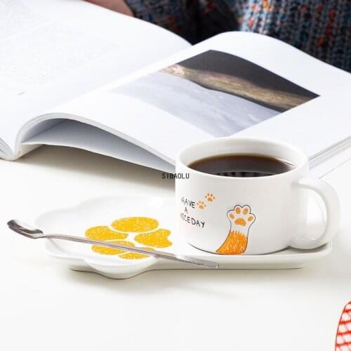 Cute Cat Paw Ceramics Coffee Mug Set Animal Mugs With Tray Spoon Creative Drinkware Coffee Tea Cups Novelty Milk Cup Breakfast