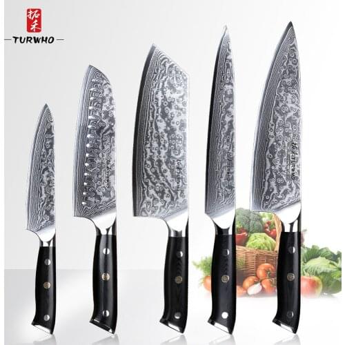 TURWHO 5 Pcs Kitchen Knife Set 67 layers Japanese Damascus Stainless Steel Chef Santoku Cleaver Utilit Paring Knives G10 Handle