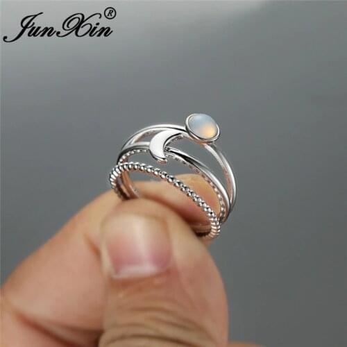 Boho Female 3pcs Stacking Moon Ring Set White Gold Clear Lab Moonstone Rings For Women Wedding White Opal Thin Ring Band Jewelry