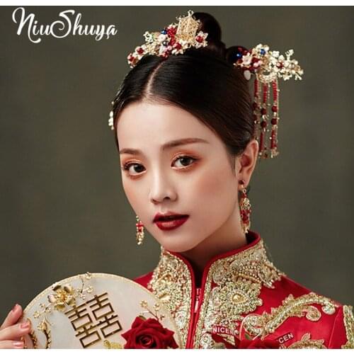 NiuShuya Traditional Chinese Bridal Hairpins Beaded Gold Hair Comb Costume Women Headdress Head Jewelry Wedding Accessories