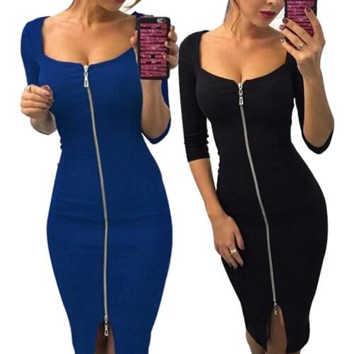 2020 Newest Women Sexy Solid Color Zip UP V Neck Elbow Sleeve Bodycon Stretchy Party Dress