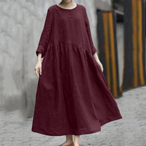 Skin-Touch Vintage Loose Fit Large Hem Maxi Dress Buttons Decor Baggy Dress O-Neck for Vacation