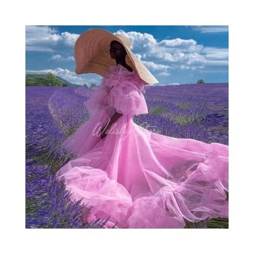 Pretty A-line Baby Pink Ruffled Tulle Dresses Women Strapless Long Dressing For Black Girls vestito Birthday Party Photo Shoot