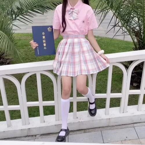 Taotao jk pink short plaid skirt Xiaolan in pink shirt short-sleeved suit college style sweet boxer tie bow tie