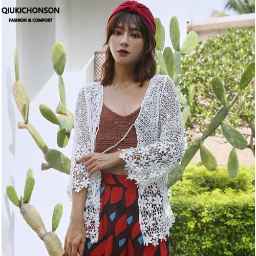Boho Style Thin Summer Cardigan Women Hollow Out Flower Crochet Lace Tie Front Cardigan Ladies Beach Cover-Ups Sunproof Tops