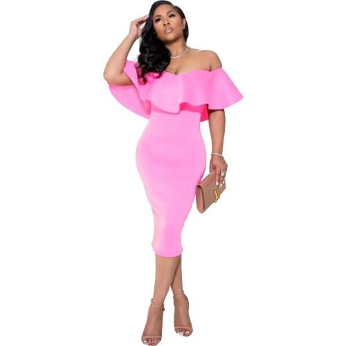 Women Dresses Summer 2021 New Arrival Solid Color Slash Collar Short Sleeve Elegant Fashion Birthday Outfits Ladies Sexy Dress