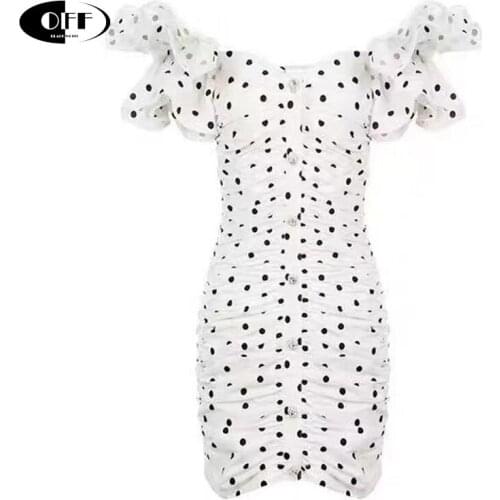 Women Puff Sleeve V-Neck Polka Dot Dresses Bodycon Ruffles Sexy Elegant Party Dinner Mini Dresses Summer Clothes Femme Vestidos