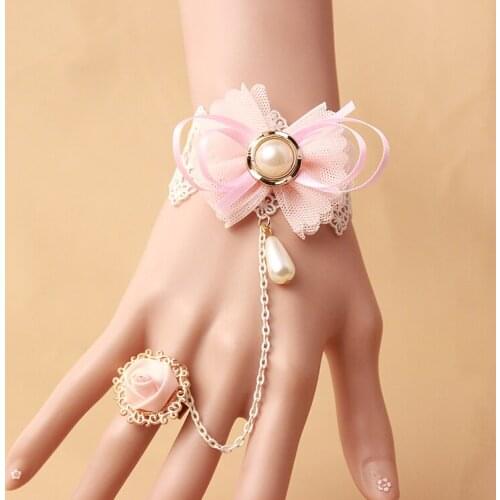 Handmade Lace Imitation Pearl Beads Bracelet Ring Pink Bow BowKnot Charm Bracelet for Women Girl Cute Romantic Jewelry Set