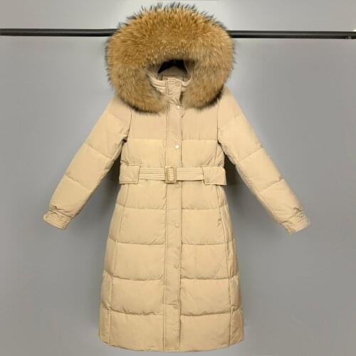 2021 Womens Winter Jacket 90% White Duck Down Coat Large Natural Raccoon Fur Collar Long Down Jacket Hooded Thick With Belt