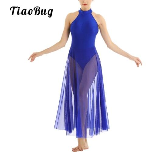 Womens Full Length Lyrical Dance Dress Sleeveless Mock Neck Flowy Chiffon Ballet Leotard Dress
