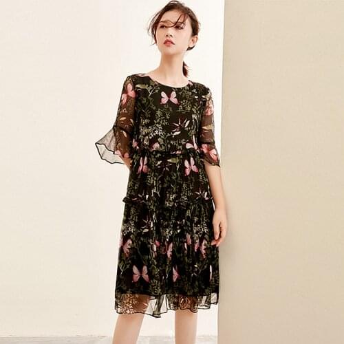 High Quality 100% Silk Dress Women Print Patchwork Ruffles Hem O Neck Long Sleeves Tassel Belt Bohemian Style New Fashion