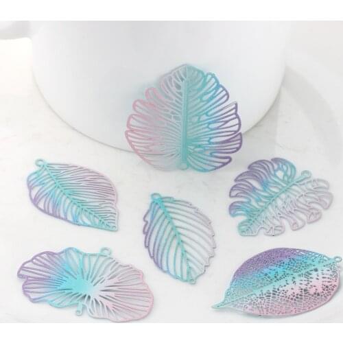 10pcs/Lot Gradient Rainbow Color Copper Hollow Leaf Charms Pendant for DIY Handmade Jewelry Earring Material