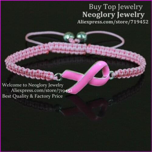 20pcs Fashion Breast Cancer Awareness Bracelet,handcrafted macrame Bracelet,Pink Enamel Ribbon Bracelet,Pink Rope Bracelet