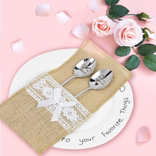 5Pcs Burlap Lace Cutlery Holder Decoration Hessian Burlap Lace Cutlery Pouch Wedding Tableware Knife Fork Holder Bag