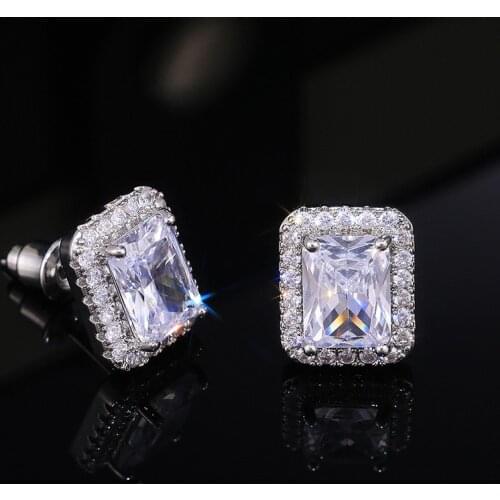 Bling Zircon Stone Rectangle Silver Color Stud Earrings for Women Fashion Jewelry Korean Earrings 2021