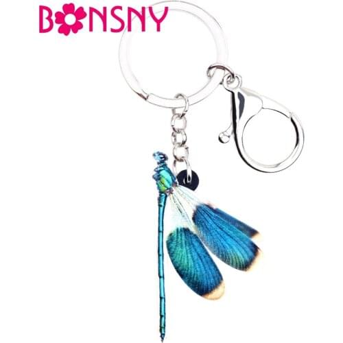 Bonsny Acrylic Anime Blue Dragonfly Insect Key Chains Keychain Ring Insect Jewelry For Women Girls Teen Bag Purse Novelty Charms