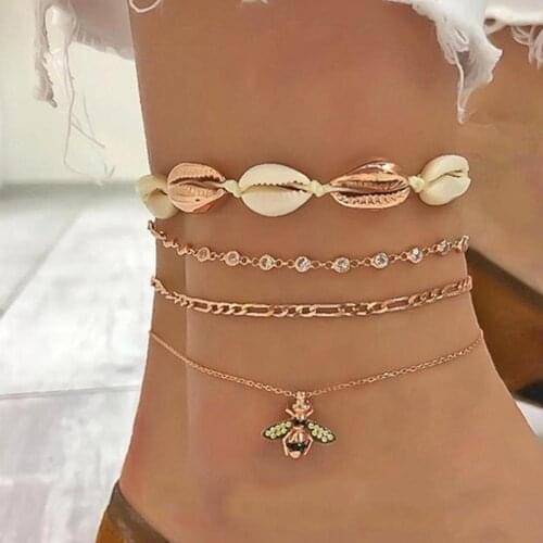 4pcs Boho Bee Shell Rhinestone Anklet Women Beach Food Chain Jewelry Gifts Rhinestone Boho Ankle Bracelet for Women Anklets