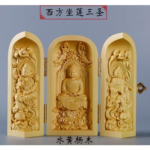 Buddhism sacred holy # office home efficacious Talisman Protection Lotus Buddha Three Sages Sculpture Wood carving ART statue