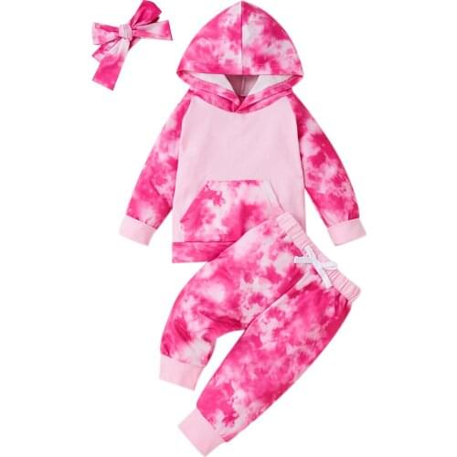 Kids Girls Toddler Autumn Suit Tie-Dye Long Sleeves Hoodie Pocket Elastic Waist Pants Bowknot Hairband 3Pcs