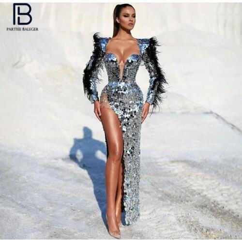 PB Stylish High Waist Feather Sequins Design Long Dress Sexy Square Collar Long Sleeves Celebrity Party Club Free Shipping