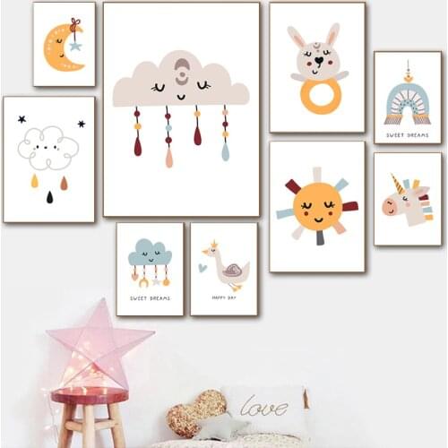 Unicorn Rabbit Swan Sun Moon Cloud Star Nursery Wall Art Canvas Painting Nordic Posters And Prints Wall Pictures Kids Room Decor