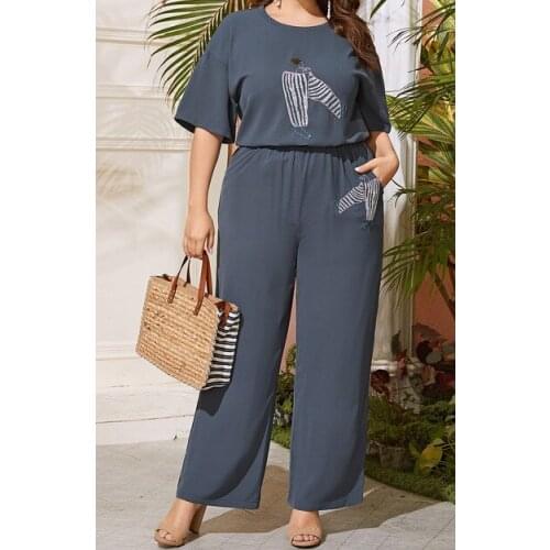 Large Size Short-Sleeved T-Shirt + Trousers2021Summer Fashion Womens Print Embroidery Round Neck Loose Casual Set Two-Piece Set