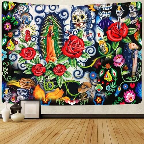 Simsant Mexican Colored Flowers Skull Yoga Tapestry Travel Sleeping Pad Polyester Fabric Skeleton Printed Wall Hanging Tapestry