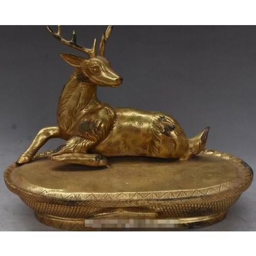 11" Chinese Bronze Gilt Sika Deer Plum blossom Elk Wapiti Reindeer Animal Statue