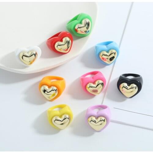 Korean Charms Heart Super Cute Candy Color Finger Rings for Women Girls Resin Rings Summer Vacation Bohemia Beach Rings Jewelry